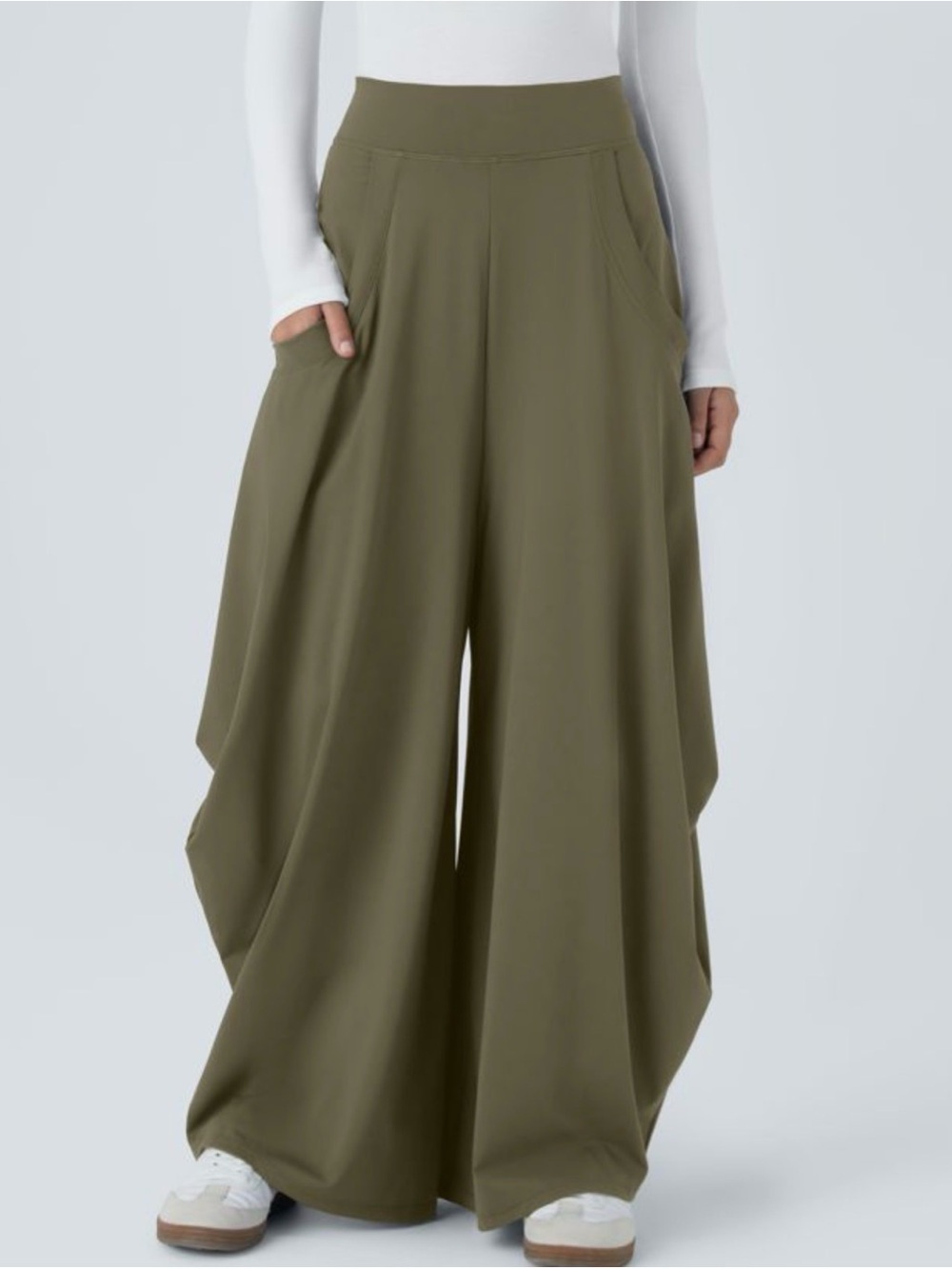 HALARA Mid Rise Pockets Draped Wide Leg Baggy Harem Pants Olive Green Large